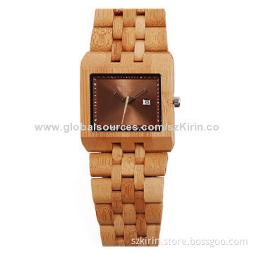 Bamboo Wristwatch with Stainless Steel Buckle, Japan Movement, Calendar